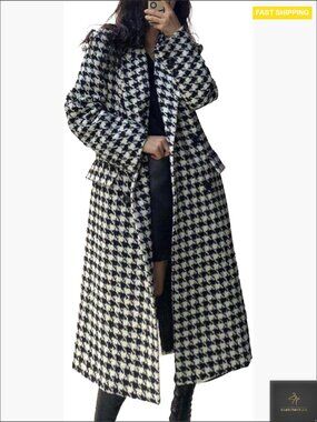 Houndstooth Trench Coat Quilted Lined Double Breasted Oversized Pea Coat